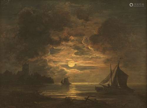 Morning star, Christian. Hamburg 1805 - Munich 1867. 23 x 32 cm. Moon night at the sea coast. Oil/liquid, signed lower right, on the reverse on the stretcher collection label 