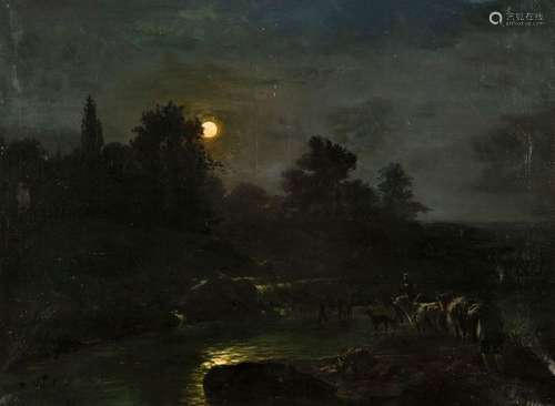 Nice, Benjamin. Strasbourg 1811 - Paris 1881. 87 x 116 cm. Night landscape by moonlight. A farming family with animals crosses a river. Oil/Lwd./Lwd., signed lower left. Provenance: Collection of the Stuttgart entrepreneur and art lover Wolfgang Osterloh. See the portrait of Wolfgang Osterloh (PDF). Rest.