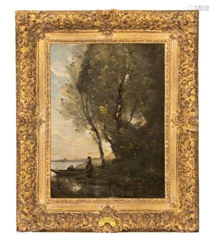 Corot, Jean-Baptiste Camille. Paris 1796 - 1875. 49.5 x 36 cm. Bouquet d'arbres avec une paysanne et un batelier. Oil on canvas, signed lower right, old label of Galerie Dr. Bühler, Munich, on the reverse. 