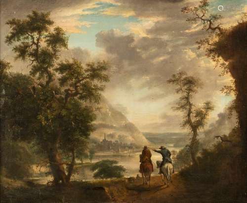 Greenough, John. Boston (Massachusetts) 1801 - Paris 1852. 60 x 75 cm. Two riders on a hill above a river landscape. Oil/leaflet, signed and unclearly dated (1828?) at lower right of centre. Provenance: From old South German private property.