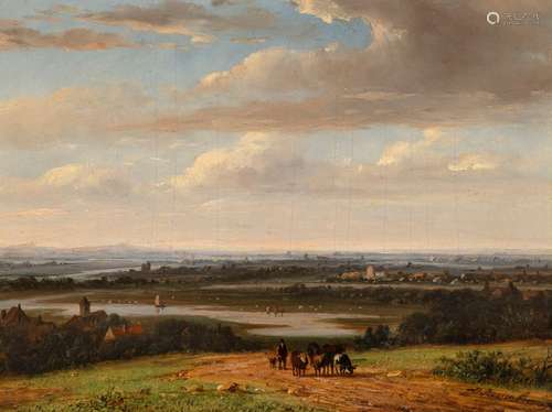 Roosenboom, Nicolaas Johannes. Schellingwoude 1805 - Assen 1880. 15 x 21 cm. View into a wide landscape with villages. Oil/wood, signed lower left. Provenance: Collection of the Stuttgart entrepreneur and art lover Wolfgang Osterloh. See the portrait of Wolfgang Osterloh (PDF).