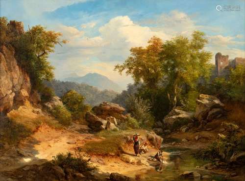 Markó, Károly. Levoca 1793 - Florence 1860. 43 x 58 cm. Italian landscape with washerwomen at a brook. Oil/liquid/cardboard, signed, inscribed and dated Siglio 1857 at lower right Provenance: Collection of the Stuttgart entrepreneur and art lover Wolfgang Osterloh. See the portrait of Wolfgang Osterloh (PDF).