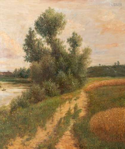 Kornbeck, Julius. Winnenden 1839 - Oberenzingen/Nürtingen 1920. 69 x 58 cm. Swabian river landscape. Oil/swd., confirmed on verso by Josephine Kornbeck.