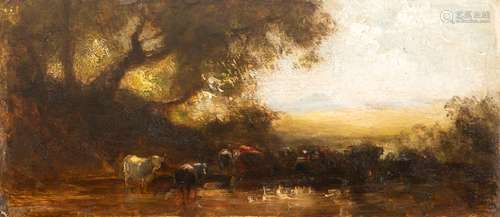 Schleich, Eduard (attr.). Haarbach 1812 - Munich 1874. 10 x 22 cm. Summer landscape with cows at a ford. Oil/wood. Provenance: Collection of the Stuttgart entrepreneur and art lover Wolfgang Osterloh. See the portrait of Wolfgang Osterloh (PDF).