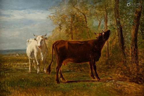 Troyon, Constant (attr.). Sèvres 1810 - Paris 1865. 56 x 84 cm. Two cows in a summery landscape. Oil/wood, inscribed C.T. Rest at lower right.