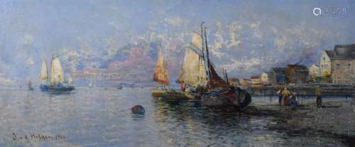 BEZ. J.V. HELGER 1906. SCHIFFE IM HAFEN. 34 X 80 CM.