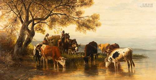 Mali, Christian. Broekhuizen 1832 - Munich 1906. 66 x 128 cm. Herd of cows with farmers and hay wagons on the lakeside. Oil on canvas, signed, inscribed and dated 