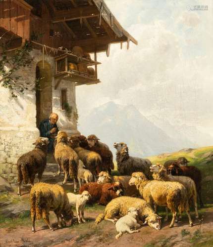 Mali, Christian. Broekhuizen 1832 - Munich 1906. 65 x 56 cm. Siesta. On the stairs in front of the alpine house sits a shepherd surrounded by his flock. Oil/Lwd./Lwd., signed and inscribed München. Provenance: Collection of a Southern German entrepreneur, acquired at Nagel Auctions Stuttgart, auction 731S (27./28.1.2016), lot 1482.