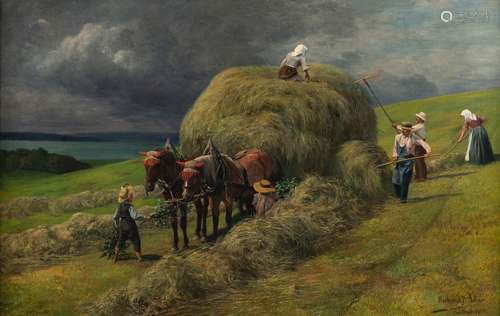 Adam, Richard Benno. Munich 1873 - 1937. 77 x 113 cm. Haymaking at the lake. Oil on canvas, signed, inscribed and dated Ambach 1904 at lower right.