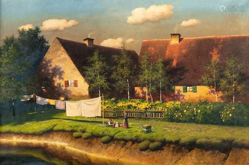 Keller-Reutlingen, Paul Wilhelm. Reutlingen 1854 - Munich 1920. 80 x 120 cm. Summer idyll behind a farmhouse. Oil/liquid, signed lower right. Provenance: Private collection of a Southern German entrepreneurial family.