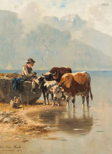 Mali, Christian. Broekhuizen 1832 - Munich 1906. 52 x 40 cm. Summer morning at the mountain lake. A shepherd boy with two cows and calves sits on the shore, with early morning mist rising against the mountain backdrop. Oil/liquid, signed, inscribed and dated 