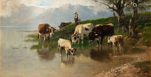 Mali, Christian. Broekhuizen 1832 - Munich 1906. 58 x 113 cm. A shepherdess tends her flock on the shore of a summery mountain lake. Oil/leaflet lower right signed, inscribed and dated 