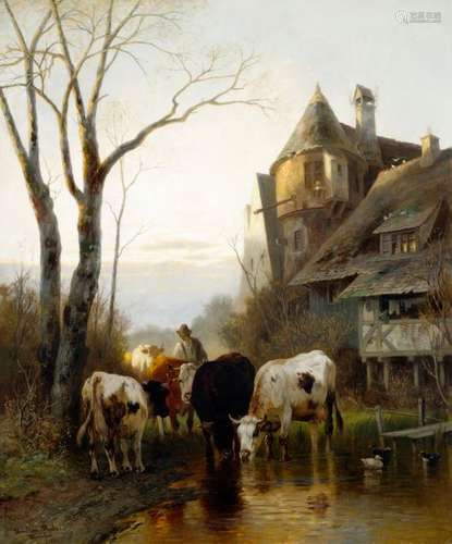 Mali, Christian. Broekhuizen 1832 - Munich 1906. 95 x 77 cm. Cows at the cattle trough at the edge of the village. Oil/liquid/liquid, signed, inscribed and dated 