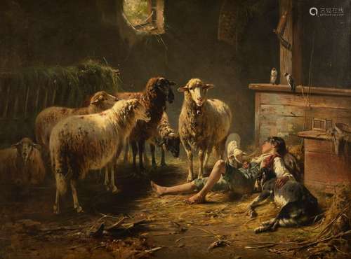 Gebler, Otto. Dresden 1838 - Munich 1917. 77 x 100 cm. Sleeping shepherd boy in the stable. Oil/liquid, signed lower left. Provenance: Collection of the Stuttgart entrepreneur and art lover Wolfgang Osterloh. See the portrait of Wolfgang Osterloh (PDF).