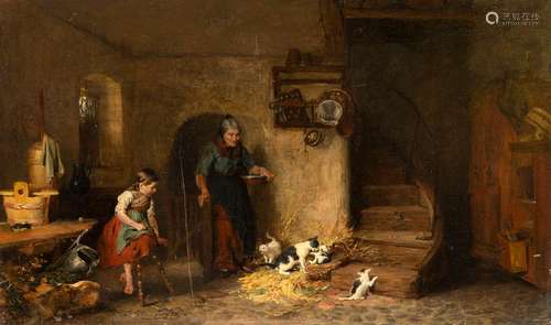 Schlesinger, Felix. Hamburg 1833 - 1910. 26 x 42 cm. Farmhouse kitchen with a family of cats. Oil/wood, signed lower left. Provenance: Collection of the Stuttgart entrepreneur and art lover Wolfgang Osterloh. See the portrait of Wolfgang Osterloh (PDF).