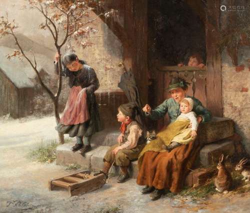 Schlesinger, Felix. Hamburg 1833 - 1910. 53 x 61 cm. Winter joys. A farmer's wife shows her children the winter landscape at the entrance to her house. Oil/Lwd./Lwd., signed lower left. Provenance: Collection of the Stuttgart entrepreneur and art lover Wolfgang Osterloh. See the portrait of Wolfgang Osterloh (PDF).