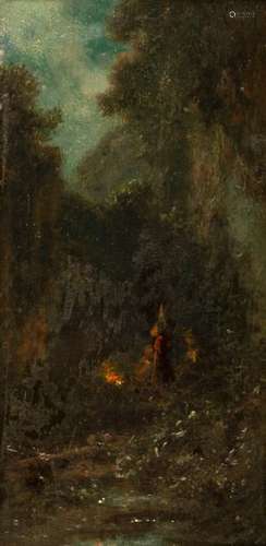 Spit it out, Carl. Munich 1808 - 1885. 21 x 11 cm. Forest gorge with three gypsies. Oil/wood, monogrammed S in rhombus at lower right, estate stamp on reverse. The painting is listed and illustrated in Siegfried Wichmann, Carl Spitzweg, Verzeichnis der Werke, Gemälde und Aquarelle, Stuttgart 2002, p. 543 WVZ Nr. 1509 Provenance: Collection of the Stuttgart entrepreneur and art lover Wolfgang Osterloh. See the portrait of Wolfgang Osterloh (PDF).