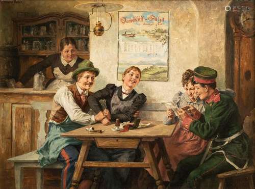 Pacher, Ferdinand. Bad Reichenhall 1852 - Munich 1911. 25 x 34 cm. Indiscretion. A letter-reading couple is observed in a Bavarian inn by the waitress and a guest. Oil/wood, signed upper left. Provenance: Collection of a Southern German entrepreneur.