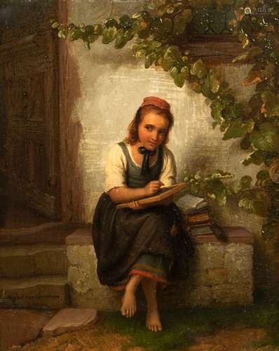 Meyer of Bremen, Johann Georg. Bremen 1813 - Berlin 1886. 20 x 15 cm. Sitting peasant girl with a chalkboard at the house entrance. Oil/wood, signed lower left. Provenance: Collection of the Stuttgart entrepreneur and art lover Wolfgang Osterloh. See the portrait of Wolfgang Osterloh (PDF).