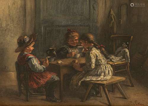 Peters, Pietronella. Stuttgart 1848 - 1924. 38 x 43 cm. Three girls having kids' coffee. Oil/livewood, signed lower right. Provenance: Collection of a Southern German entrepreneur, acquired at Nagel Auctions Stuttgart, auction 383S (14-15 March 2002), lot. 872.