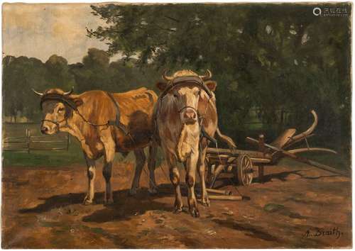 Braith, Anton. Biberach 1836 - Munich 1905. 48 x 69 cm. Cow team in front of pasture landscape. Oil/liquid, signed lower right. Provenance: Stuttgart private collection, acquired at Nagel Auctions, auction 347S (5 March 1993), lot. 2800.