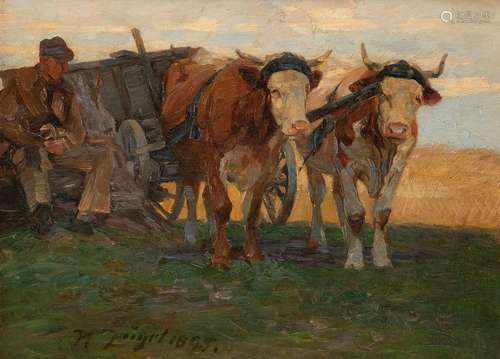 Reins, Heinrich von. Murrhardt 1850 - Munich 1941. 40 x 35 cm. Resting farmer next to a team of oxen. Oil/liquid, signed and dated 1895 at lower left. Provenance: Stuttgart private collection.