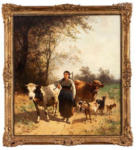 Bühlmayer, Conrad. Vienna 1835 - 1883. 105 x 92 cm. Return from the pasture. Oil/Lwd./Lwd., signed lower right.