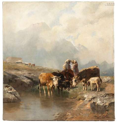 Mali, Christian. Broekhuizen 1832 - Munich 1906. 75 x 70 cm. Cows and herdsmen in the high mountains. Oil on canvas, signed, inscribed and dated 