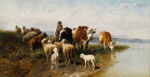 Mali, Christian. Broekhuizen 1832 - Munich 1906. 52 x 100 cm. Cows and sheep with shepherdess on the lake shore. Oil/liquid/liquid, signed, inscribed and dated 