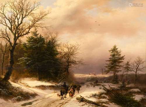 Koekkoek, Barend Cornelis. Middelburg 1803 - Kleve 1862. 42 x 56 cm. Evening winter landscape with farmers and riders. Oil/wood, signed and dated 1850 at lower left, on the reverse handwritten artist's label with lacquer seal and label of Galerie Bühler, Munich. The painting is listed and illustrated in : Friedrich Gorissen, B. C. Koekkoek 1803-1862, catalogue raisonné of paintings, Düsseldorf 1962, WVZ No. 50/43 with ill. Provenance: Collection of the Stuttgart entrepreneur and art lover Wolfgang Osterloh. See the portrait of Wolfgang Osterloh (PDF).