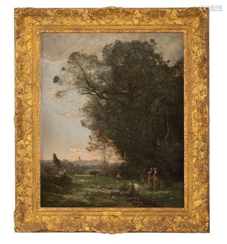 Corot, Jean-Baptiste Camille. Paris 1796 - 1875. 74 x 60 cm. Le dormoir communal, le soir. Oil/liquid, signed lower left, label of the Galerie Marlborough, New York on the reverse. 