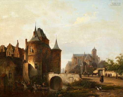 Belgium. 19th century. 55 x 68 cm. View of the town gate with a large church in the background. Oil/Lwd./Lwd., lower left unclearly signed. Provenance: From old South German private property.