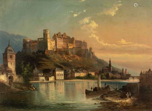 Lepie, Ferdinand. Prague 1824 - Vienna 1883. 73 x 99 cm. View over the Neckar river to the Heidelberg Castle. Oil/liquid/cardboard, signed and dated 1868 at lower left. Provenance: From an old South German private collection.