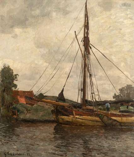 Schönleber, Gustav. Bietigheim 1851 - Karlsruhe 1917. 48 x 42 cm. Rigged sailboat on a channel. Oil/wood, signed and dated at lower left (18)83. The painting is listed in: Renate Miller-Gruber, Gustav Schönleber 1851-1917, monograph and catalogue raisonné, Karlsruhe 1990, p. 146 no. 286. Provenance: From old South German private property.