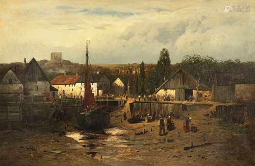 Boehm, Alfred. Hamburg 1850 - 1885. 100 x 150 cm. Small coastal town in Normandy at low tide. Oil/liquid, signed, inscribed and dated Weimar (18)73. Provenance: From old South German private property.