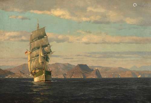 Diemer, Michael Zeno. Munich 1867 - Oberammergau 1939. 98 x 141 cm. Sailing ship at Capo di Miseno in the Gulf of Naples. Oil/liquid, signed and dated 1910 at lower right Provenance: From old South German private property.