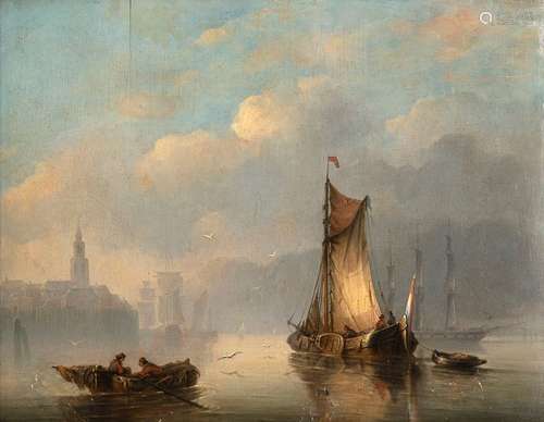 Kleyn, Lodewijk Johannes (attr.). The Hague 1817 - 1897. 36 x 42 cm. Sailing boats and fishing boats in the early morning in the harbour entrance. Oil/wood, unclearly inscribed at lower right. Provenance: From old South German private property. Aged, rest.