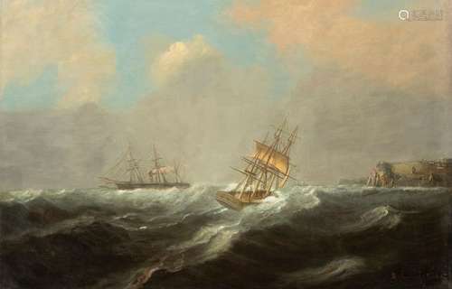 Lemarechal, B. France, second half of the 19th century. 55 x 83 cm. Sailing ships off rocky coast. Oil/liquid, signed lower right 5/1869. Provenance: From old South German private property.