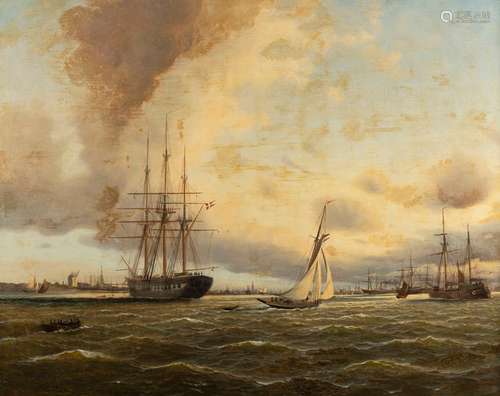 Jensen, Alfred. Randers 1859 - Hamburg 1935. 100 x 128 cm. Ships in the harbour entrance of Copenhagen, in the background city silhouette. Oil/liquid, signed lower left. Rest.