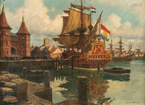 Bergen, Claus. Stuttgart 1885 - Lenggries 1964. 80 x 110 cm. Dutch three-master has moored at the gate De Waag (St. Antoniespoort) in Amsterdam. Oil/liquid, signed lower right.