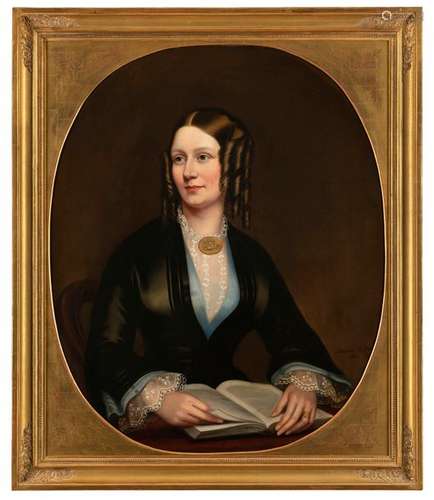 Blaikley, Alexander. Glasgow 1816 - London 1903. 92 x 76 cm. Portrait of Mrs. Richard Hardey in a dark dress with a book. Oil on canvas, signed and dated 1853 at lower right, inscribed and dated 