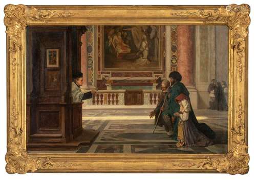 Heilbuth, Ferdinand. Hamburg 1826 - Paris 1889. 140 x 93 cm. Absolution of country people in St. Peter's in Rome. Oil/liquid, signed (reproduced by the restorer) and dated 1866 at lower left, cf. Friedrich von Boetticher, Malerwerke des neunzehnten Jahrhunderts, vol. I,2 p. 507 s.v. Heilbuth Nr. 16 (