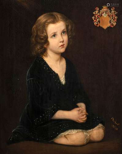 Belgium. Second half of the 19th century. 82 x 65 cm. Portrait of a young girl in black dress at the devotional service. Oil on canvas, upper right coat of arms with count's crown, lower right unclearly signed and dated 1856.