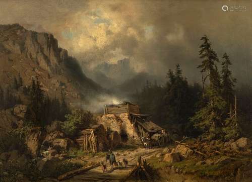 Lier, Adolf. Men's hat 1826 - Wahren/Brixen 1882. 48 x 67 cm. Coal pile in the high mountains. Oil/Lwd./Lwd., signed, inscribed and dated Munich 1856, lower right Provenance: Collection of the Stuttgart entrepreneur and art lover Wolfgang Osterloh. See the portrait of Wolfgang Osterloh (PDF).