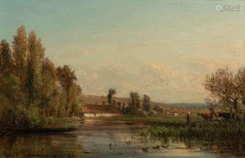 Lambinet, Emile Charles. Versailles 1815 - Bougival 1877. 21 x 32 cm. Summery river landscape. Oil/wood, signed lower left. Provenance: Collection of the Stuttgart entrepreneur and art lover Wolfgang Osterloh. See the portrait of Wolfgang Osterloh (PDF).