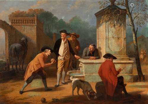 Somers, Louis. Antwerp 1813 - 1880. 62 x 88 cm. Gentlemen playing boccia at the fountain. Oil/wood, signed lower right. Provenance: Collection of a Southern German entrepreneur.