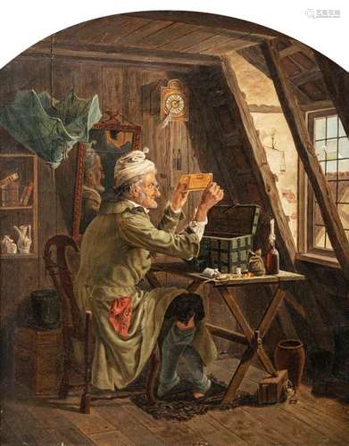 Germany. Around 1900. 35 x 28 cm. The miser in the attic. Oil/floodwood, on the back old attribution to W. Xylander with dating 1864.