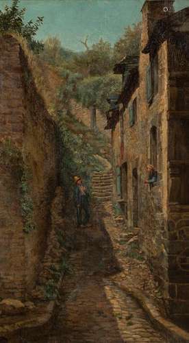 Langley, Walter. Birmingham 1852 - London 1922. 75 x 43 cm. Conversation in a village street. Oil/wood/cardboard, inscribed at lower left. Provenance: From old South German private property.