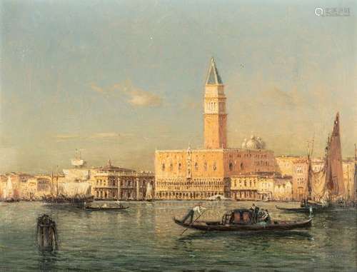 Bouvard, Antoine. Saint Jean-de-Bournay, L'Isère 1870 - 1956. 50 x 64 cm. Venice. View from the Bacino di San Marco to the Doge's Palace and the Piazzetta. Oil/leaflet, signed lower right, on the reverse old label of the Gemälde-Salon Hugo Arnot, Kärtnerstrasse 53-55, Vienna I.