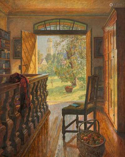 Oddball, Paul. Geislingen 1874 - Kaufbeuren 1951. 117 x 94 cm. Interior with view of the summer garden and the church of St. Dionysius in Oberbeuren. Oil/wood, signed lower right.